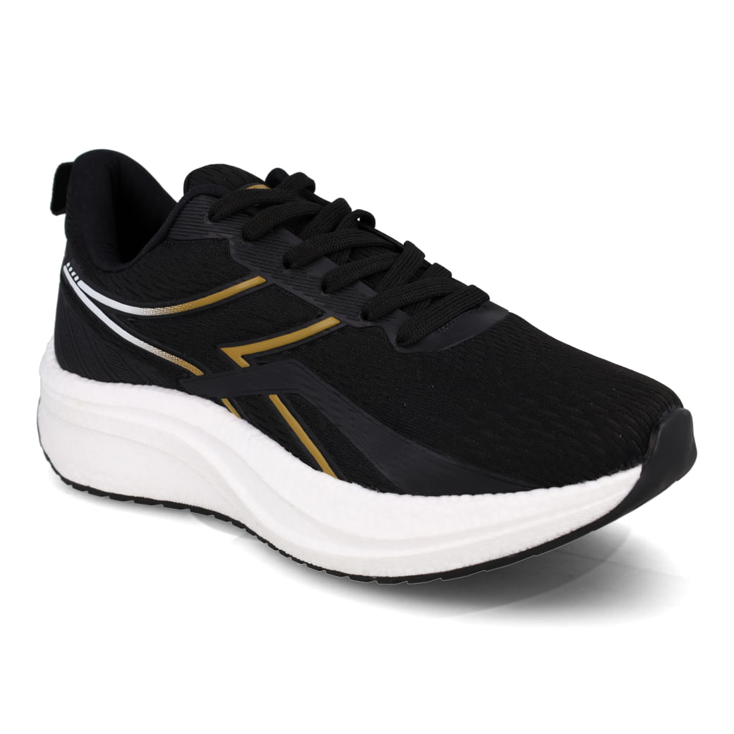 Tênis Diadora Flex masculino preto e dourado vista lateral para ajuste e conforto